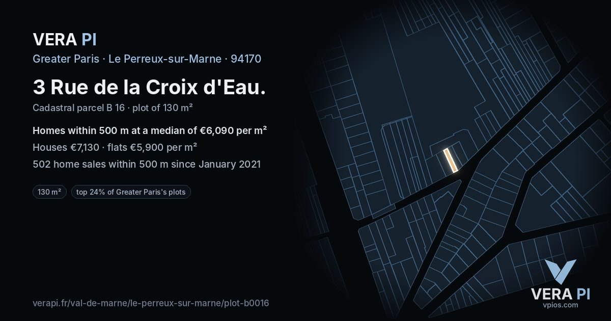 3 Rue de la Croix d'Eau, Le Perreux-sur-Marne at night – the plot lit, the parcels around coloured by the prices near them