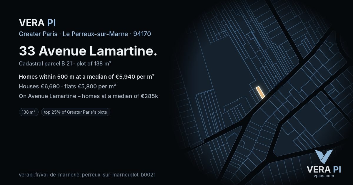 33 Avenue Lamartine, Le Perreux-sur-Marne at night – the plot lit, the parcels around coloured by the prices near them