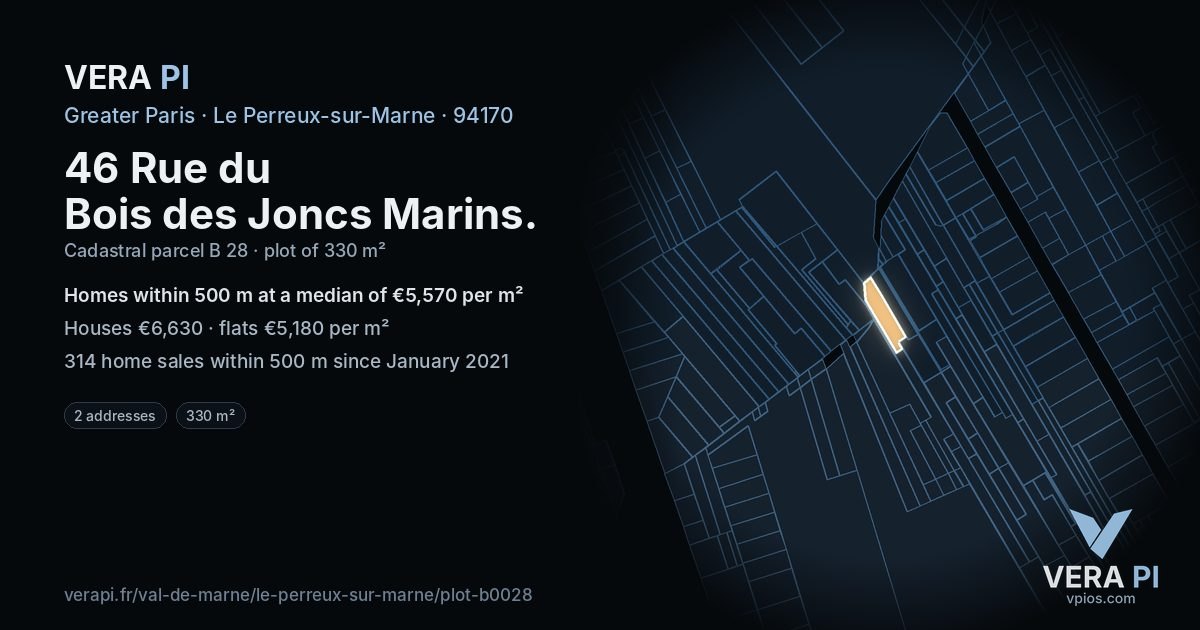 46 Rue du Bois des Joncs Marins, Le Perreux-sur-Marne at night – the plot lit, the parcels around coloured by the prices near them