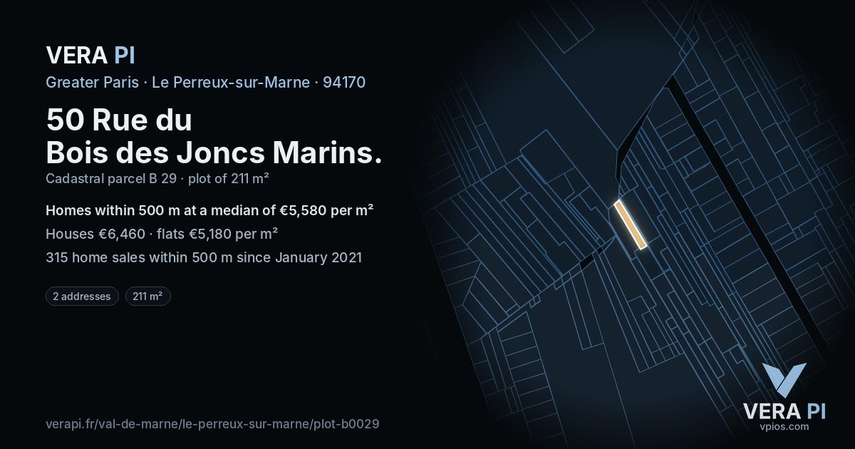 50 Rue du Bois des Joncs Marins, Le Perreux-sur-Marne at night – the plot lit, the parcels around coloured by the prices near them