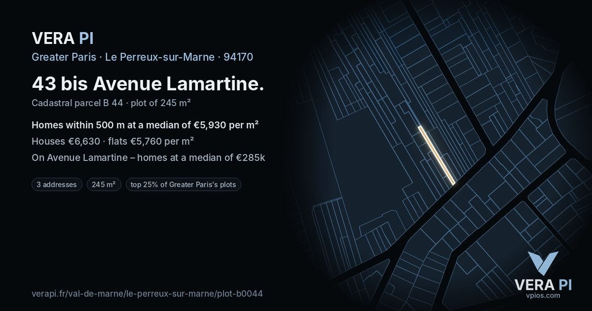 43 bis Avenue Lamartine, Le Perreux-sur-Marne at night – the plot lit, the parcels around coloured by the prices near them