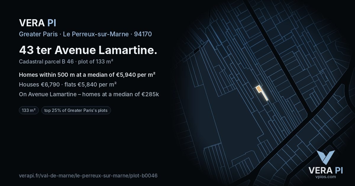 43 ter Avenue Lamartine, Le Perreux-sur-Marne at night – the plot lit, the parcels around coloured by the prices near them