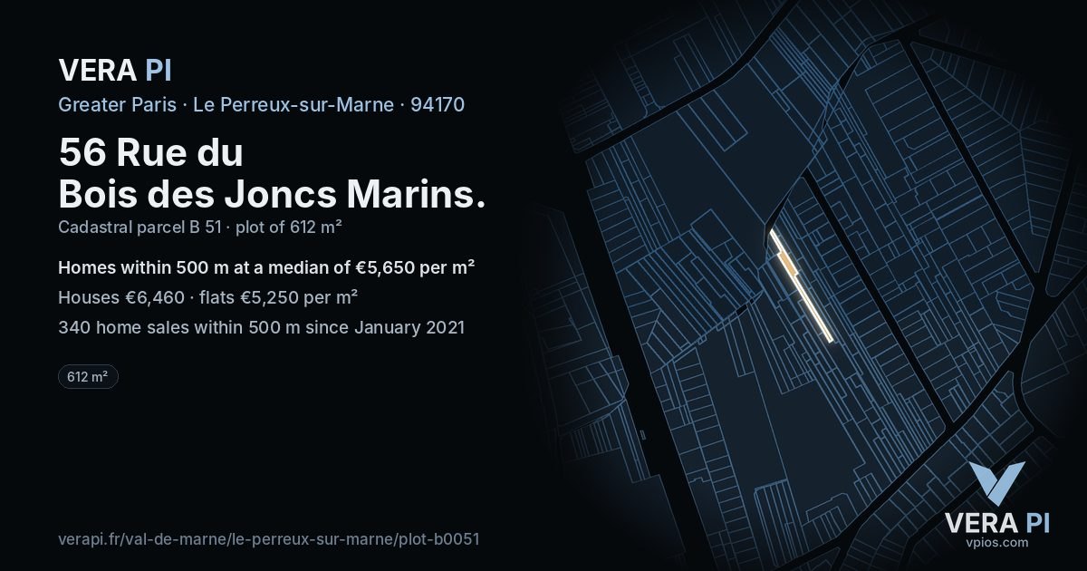 56 Rue du Bois des Joncs Marins, Le Perreux-sur-Marne at night – the plot lit, the parcels around coloured by the prices near them