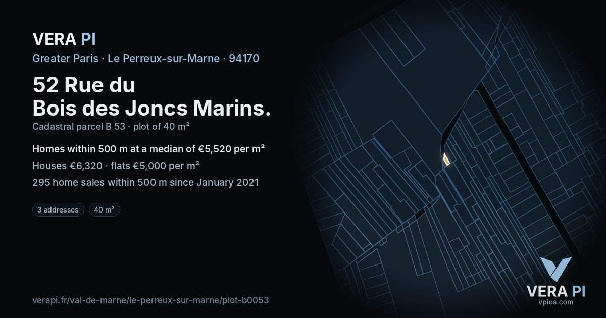 52 Rue du Bois des Joncs Marins, Le Perreux-sur-Marne at night – the plot lit, the parcels around coloured by the prices near them