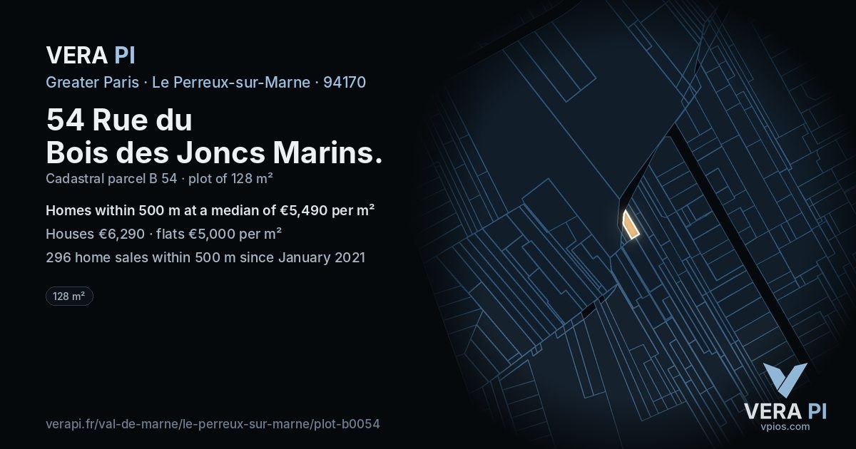 54 Rue du Bois des Joncs Marins, Le Perreux-sur-Marne at night – the plot lit, the parcels around coloured by the prices near them