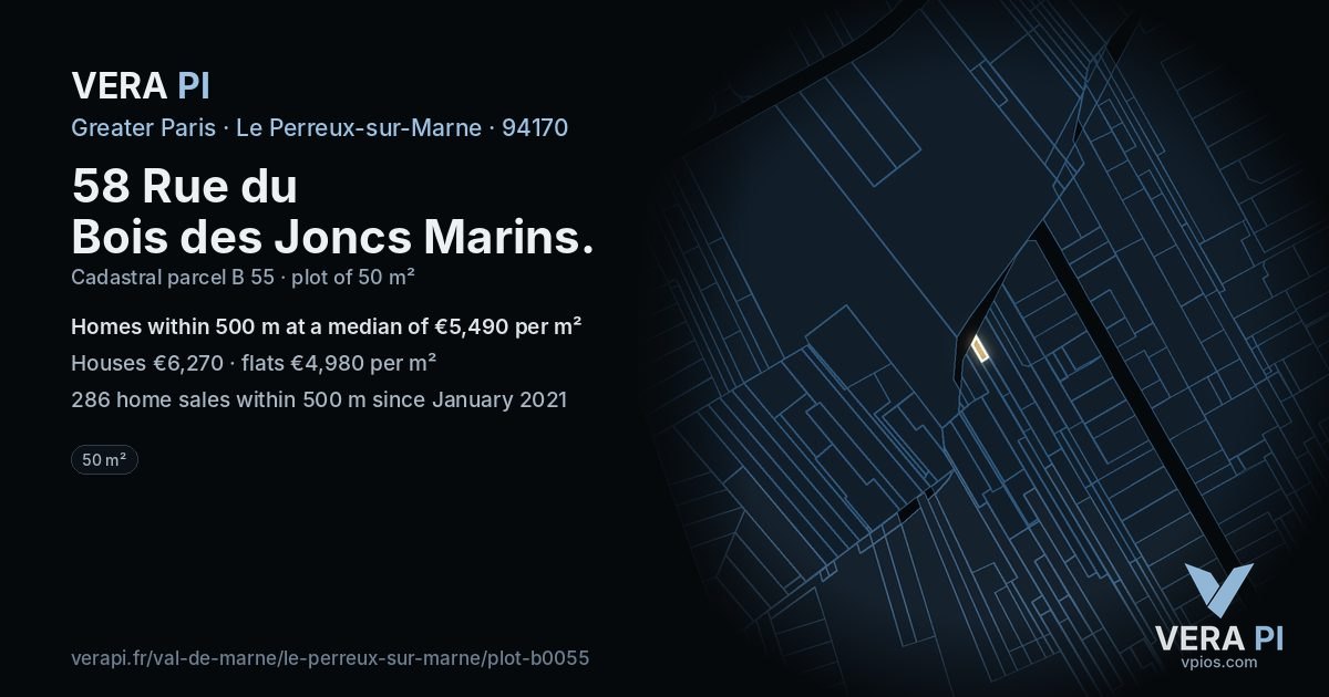 58 Rue du Bois des Joncs Marins, Le Perreux-sur-Marne at night – the plot lit, the parcels around coloured by the prices near them