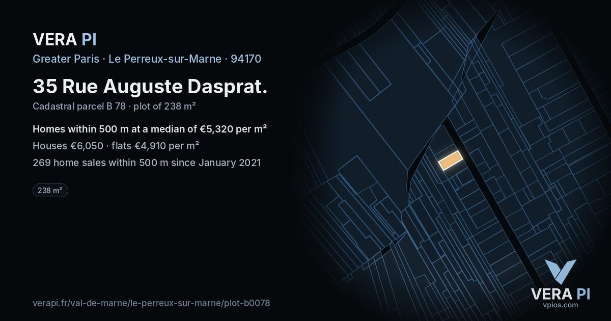 35 Rue Auguste Dasprat, Le Perreux-sur-Marne at night – the plot lit, the parcels around coloured by the prices near them