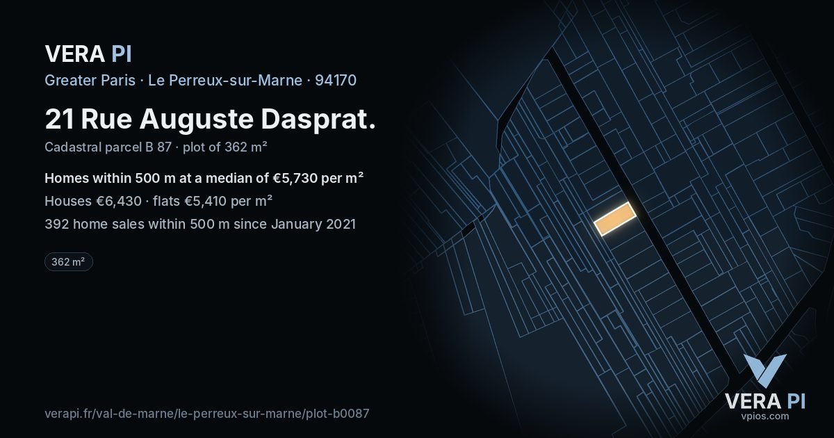 21 Rue Auguste Dasprat, Le Perreux-sur-Marne at night – the plot lit, the parcels around coloured by the prices near them