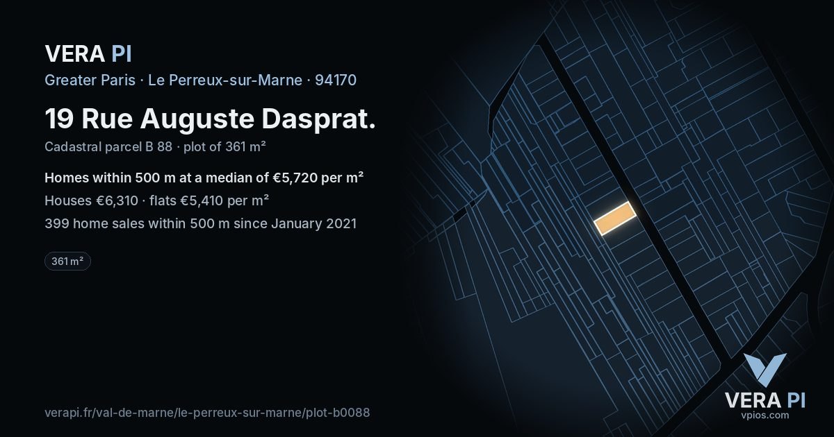 19 Rue Auguste Dasprat, Le Perreux-sur-Marne at night – the plot lit, the parcels around coloured by the prices near them