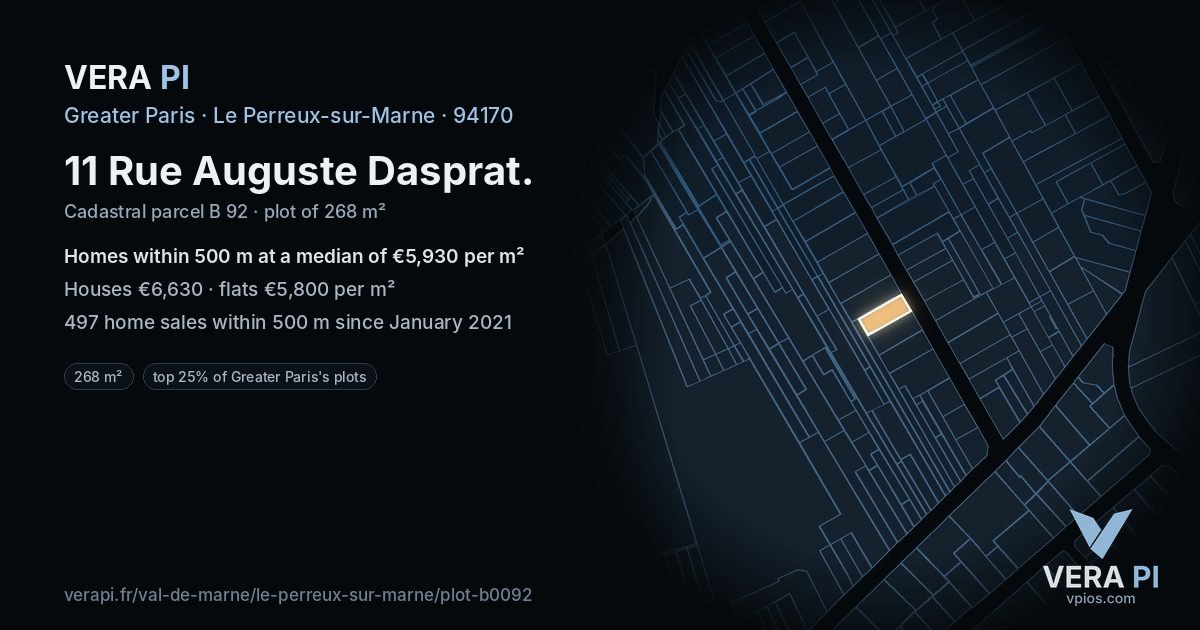 11 Rue Auguste Dasprat, Le Perreux-sur-Marne at night – the plot lit, the parcels around coloured by the prices near them