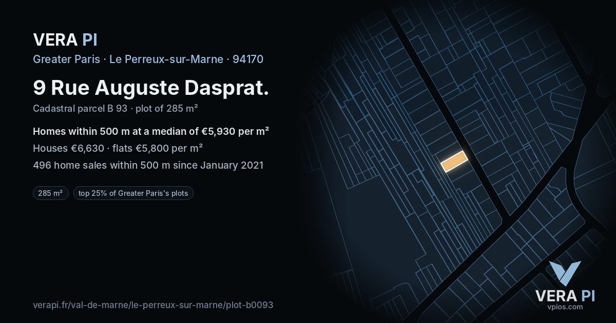 9 Rue Auguste Dasprat, Le Perreux-sur-Marne at night – the plot lit, the parcels around coloured by the prices near them