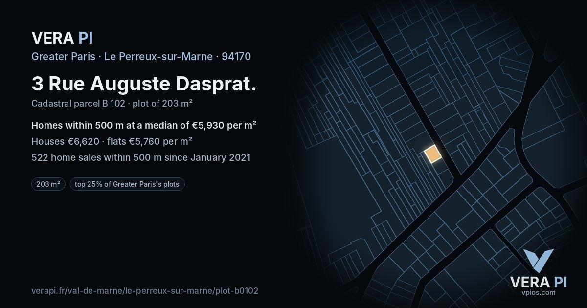 3 Rue Auguste Dasprat, Le Perreux-sur-Marne at night – the plot lit, the parcels around coloured by the prices near them