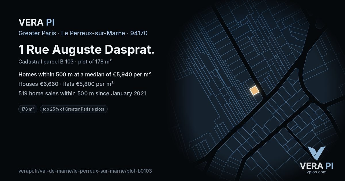 1 Rue Auguste Dasprat, Le Perreux-sur-Marne at night – the plot lit, the parcels around coloured by the prices near them