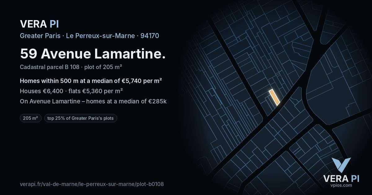 59 Avenue Lamartine, Le Perreux-sur-Marne at night – the plot lit, the parcels around coloured by the prices near them