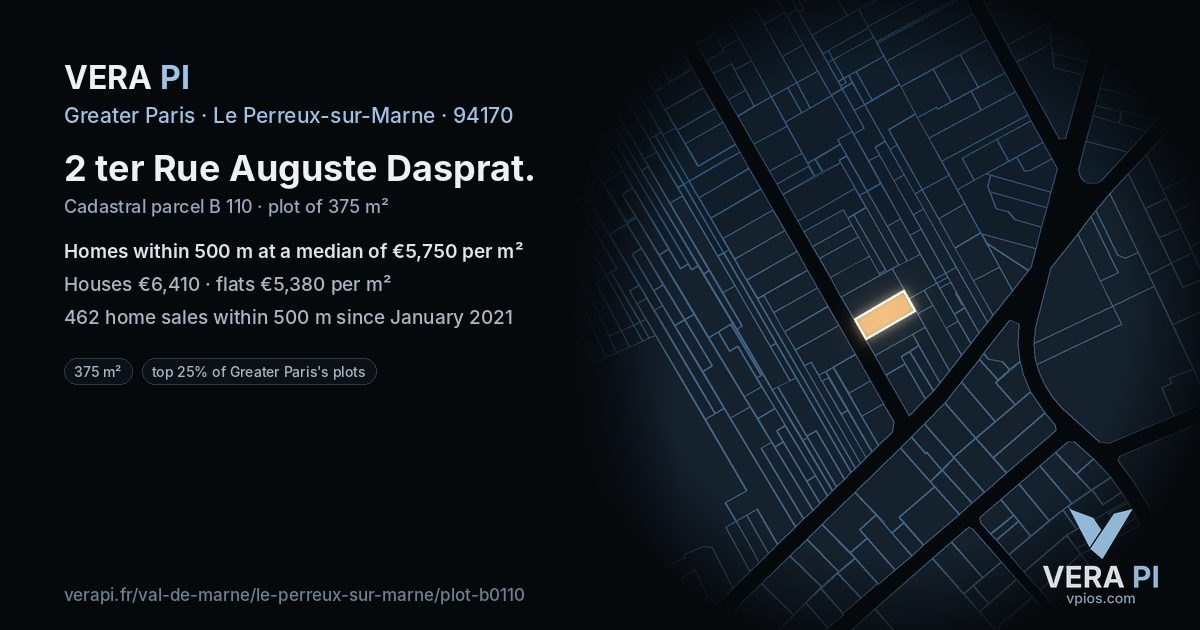 2 ter Rue Auguste Dasprat, Le Perreux-sur-Marne at night – the plot lit, the parcels around coloured by the prices near them