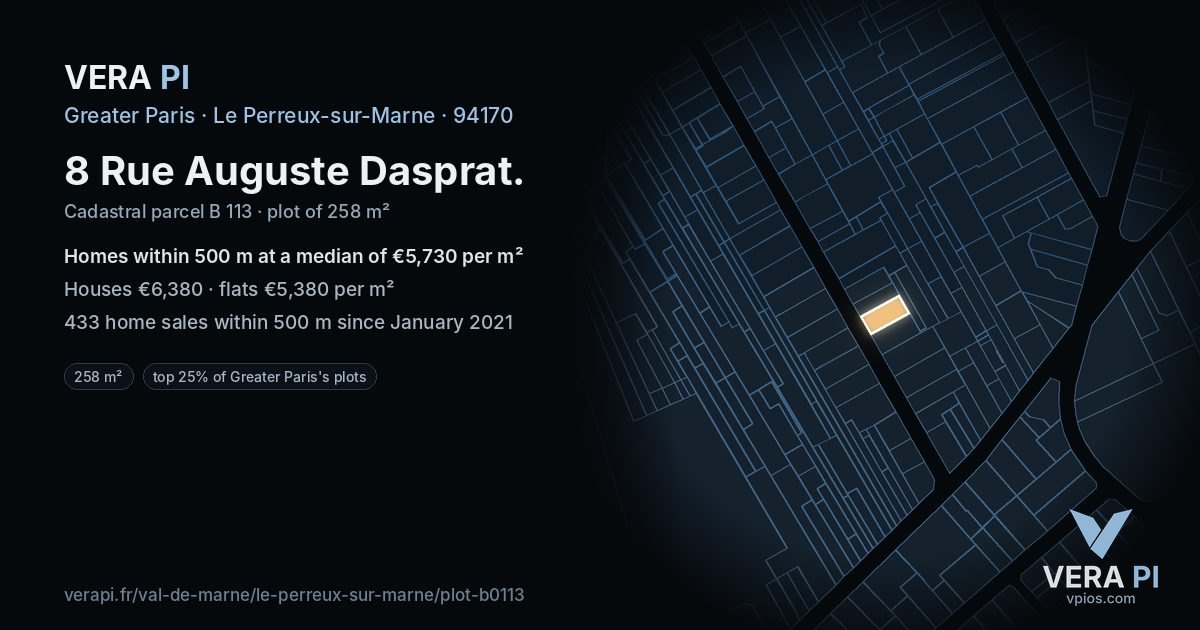 8 Rue Auguste Dasprat, Le Perreux-sur-Marne at night – the plot lit, the parcels around coloured by the prices near them