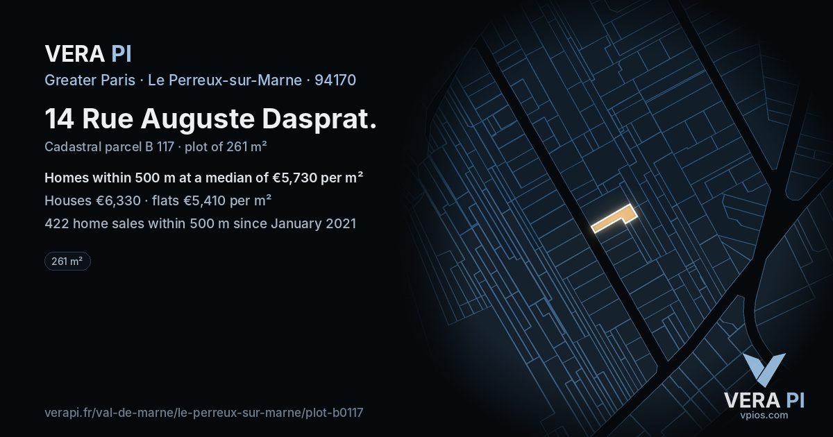 14 Rue Auguste Dasprat, Le Perreux-sur-Marne at night – the plot lit, the parcels around coloured by the prices near them