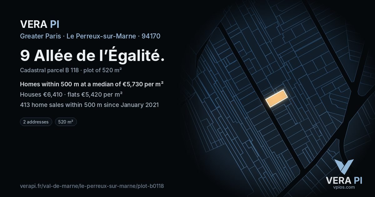 9 Allée de l’Égalité, Le Perreux-sur-Marne at night – the plot lit, the parcels around coloured by the prices near them