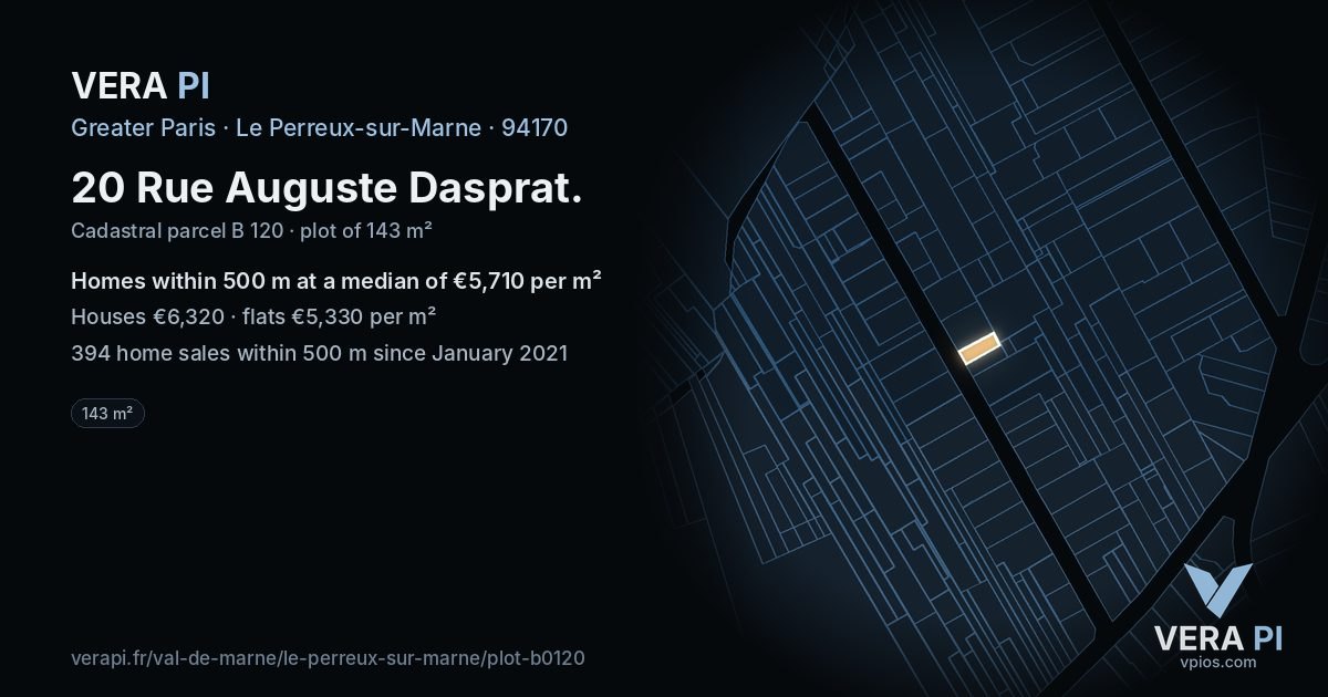20 Rue Auguste Dasprat, Le Perreux-sur-Marne at night – the plot lit, the parcels around coloured by the prices near them
