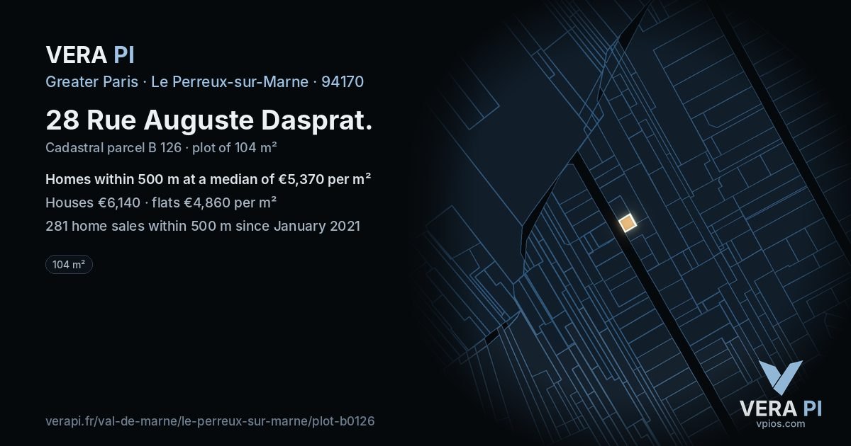28 Rue Auguste Dasprat, Le Perreux-sur-Marne at night – the plot lit, the parcels around coloured by the prices near them