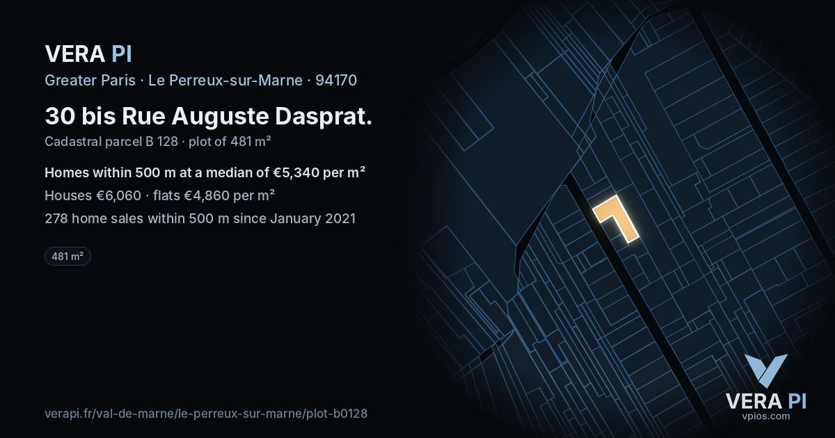 30 bis Rue Auguste Dasprat, Le Perreux-sur-Marne at night – the plot lit, the parcels around coloured by the prices near them
