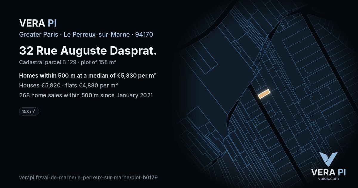 32 Rue Auguste Dasprat, Le Perreux-sur-Marne at night – the plot lit, the parcels around coloured by the prices near them