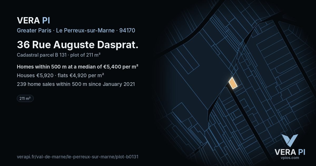36 Rue Auguste Dasprat, Le Perreux-sur-Marne at night – the plot lit, the parcels around coloured by the prices near them