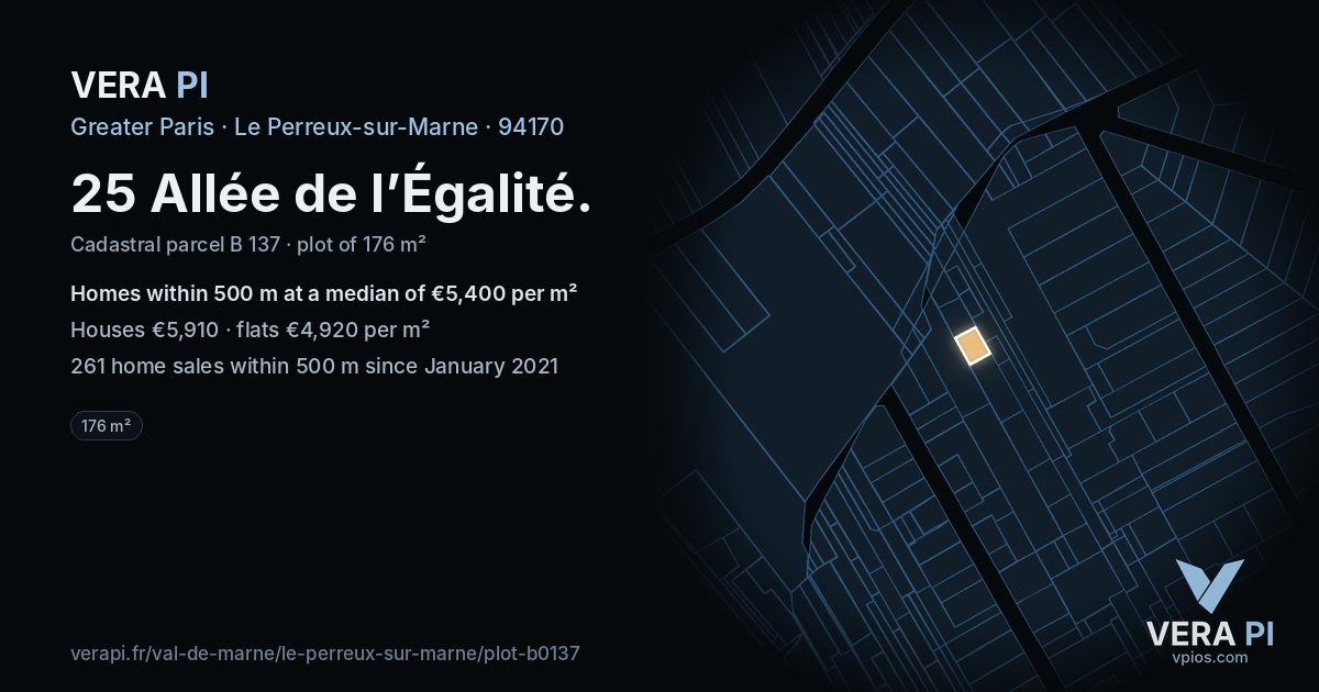 25 Allée de l’Égalité, Le Perreux-sur-Marne at night – the plot lit, the parcels around coloured by the prices near them