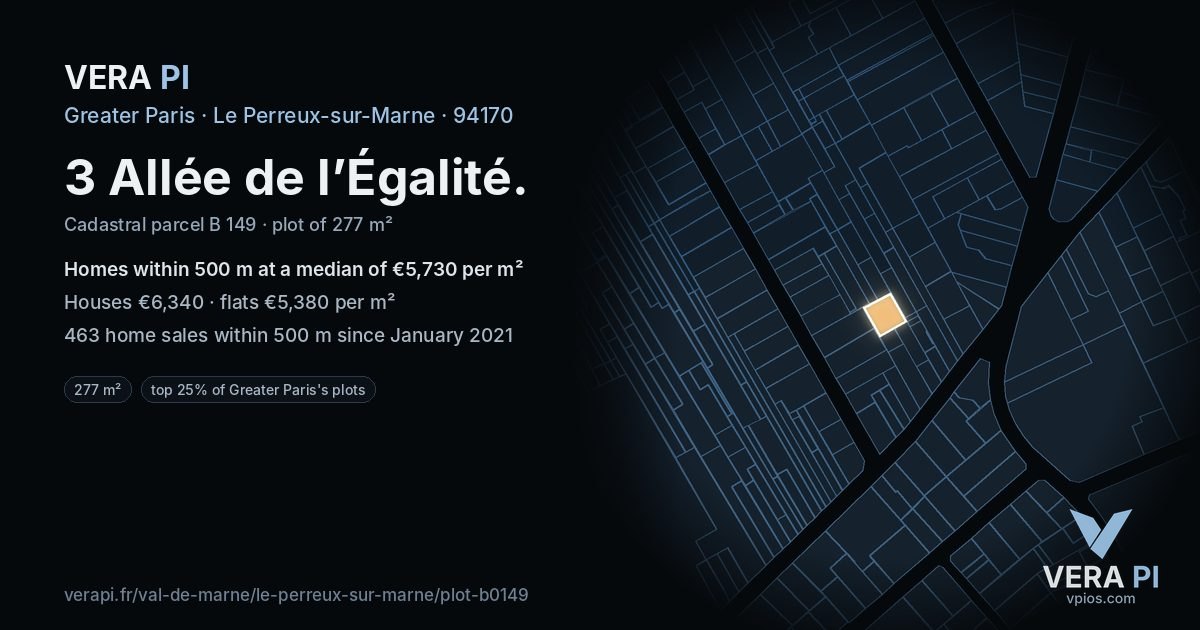 3 Allée de l’Égalité, Le Perreux-sur-Marne at night – the plot lit, the parcels around coloured by the prices near them