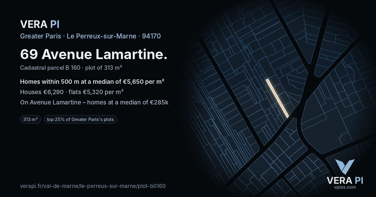69 Avenue Lamartine, Le Perreux-sur-Marne at night – the plot lit, the parcels around coloured by the prices near them