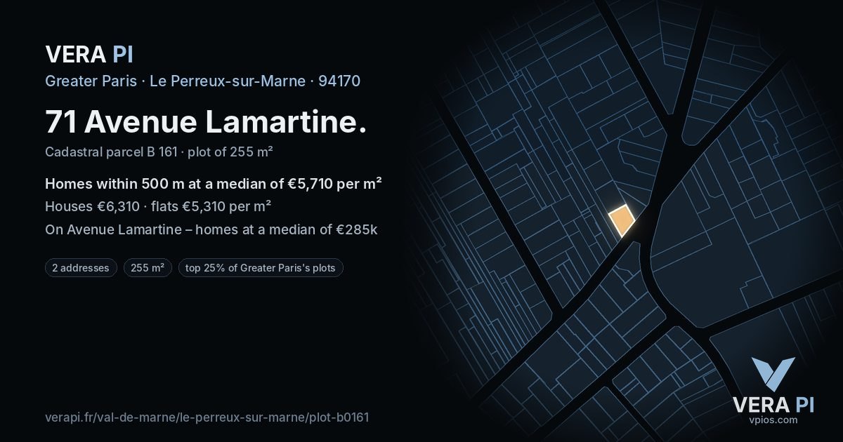 71 Avenue Lamartine, Le Perreux-sur-Marne at night – the plot lit, the parcels around coloured by the prices near them