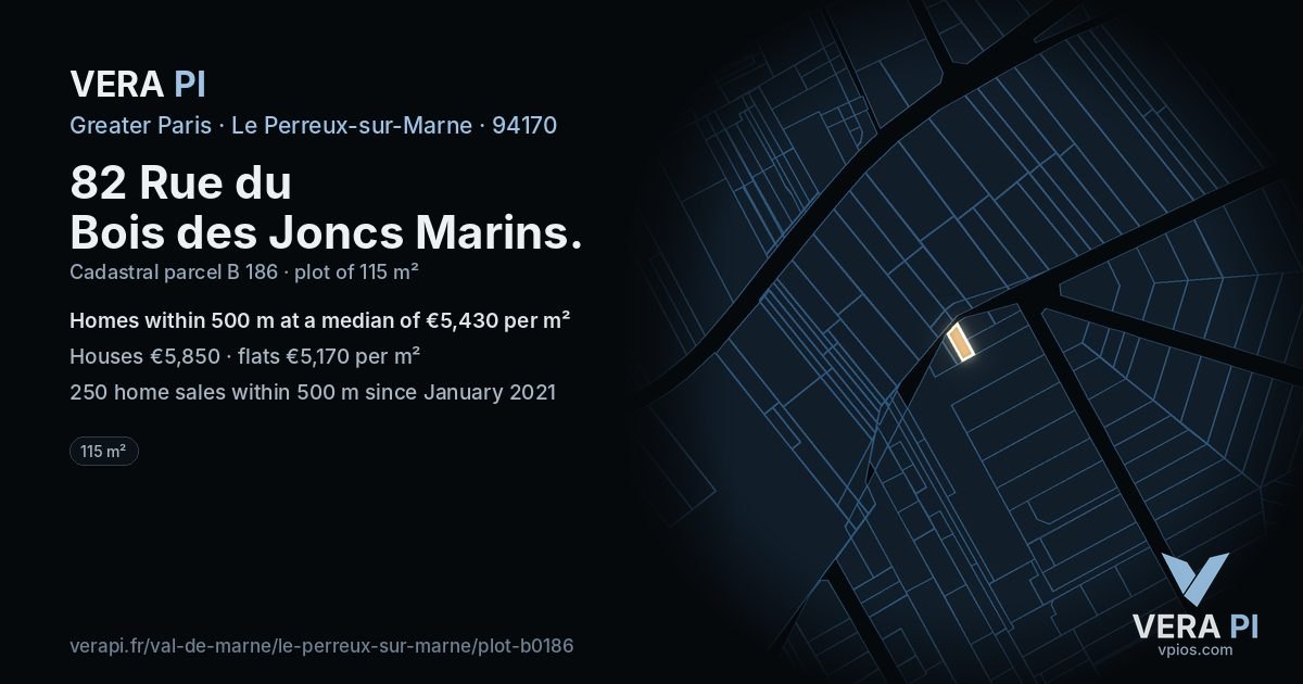 82 Rue du Bois des Joncs Marins, Le Perreux-sur-Marne at night – the plot lit, the parcels around coloured by the prices near them