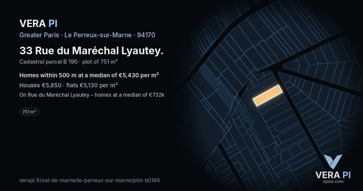 33 Rue du Maréchal Lyautey, Le Perreux-sur-Marne at night – the plot lit, the parcels around coloured by the prices near them