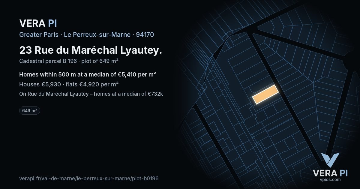 23 Rue du Maréchal Lyautey, Le Perreux-sur-Marne at night – the plot lit, the parcels around coloured by the prices near them