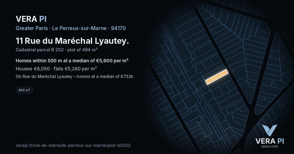 11 Rue du Maréchal Lyautey, Le Perreux-sur-Marne at night – the plot lit, the parcels around coloured by the prices near them