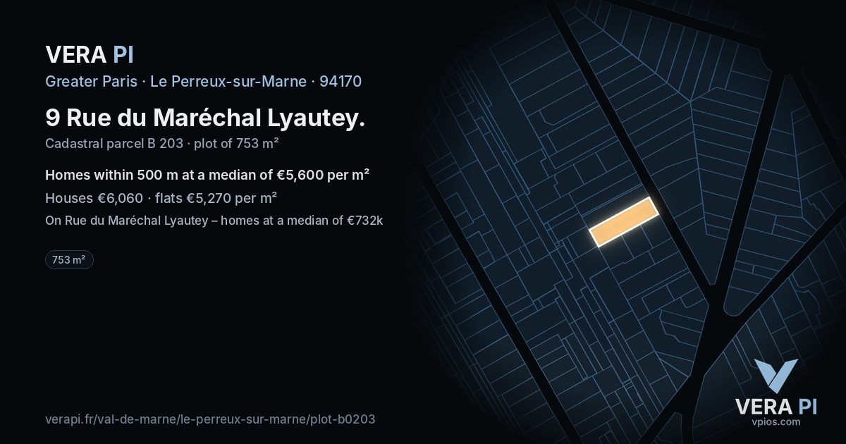 9 Rue du Maréchal Lyautey, Le Perreux-sur-Marne at night – the plot lit, the parcels around coloured by the prices near them