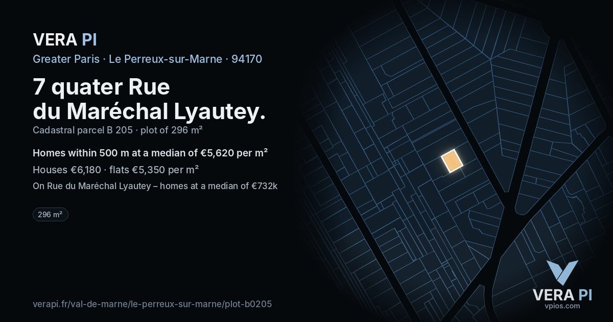 7 quater Rue du Maréchal Lyautey, Le Perreux-sur-Marne at night – the plot lit, the parcels around coloured by the prices near them