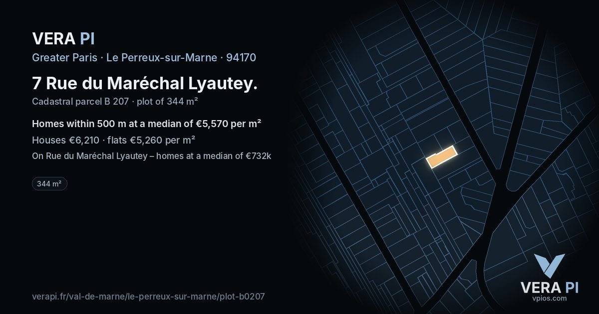 7 Rue du Maréchal Lyautey, Le Perreux-sur-Marne at night – the plot lit, the parcels around coloured by the prices near them