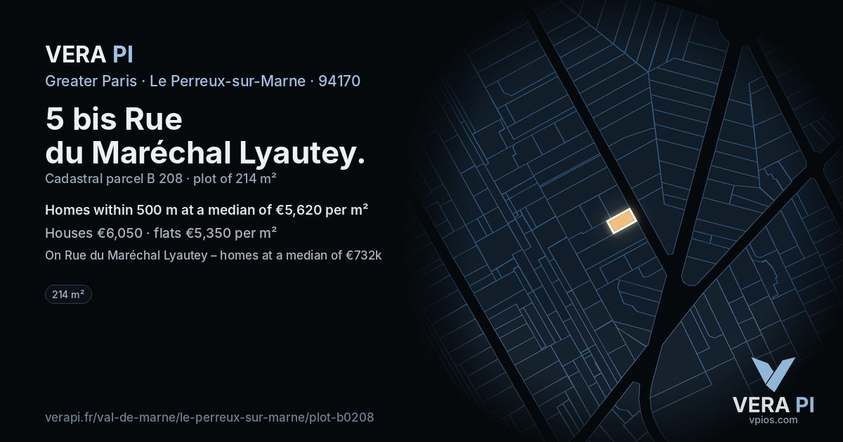 5 bis Rue du Maréchal Lyautey, Le Perreux-sur-Marne at night – the plot lit, the parcels around coloured by the prices near them