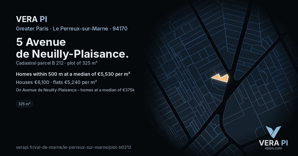 5 Avenue de Neuilly-Plaisance, Le Perreux-sur-Marne at night – the plot lit, the parcels around coloured by the prices near them