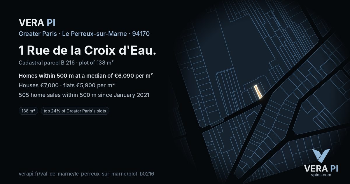 1 Rue de la Croix d'Eau, Le Perreux-sur-Marne at night – the plot lit, the parcels around coloured by the prices near them