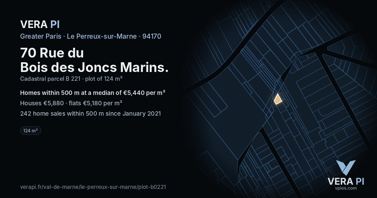 70 Rue du Bois des Joncs Marins, Le Perreux-sur-Marne at night – the plot lit, the parcels around coloured by the prices near them