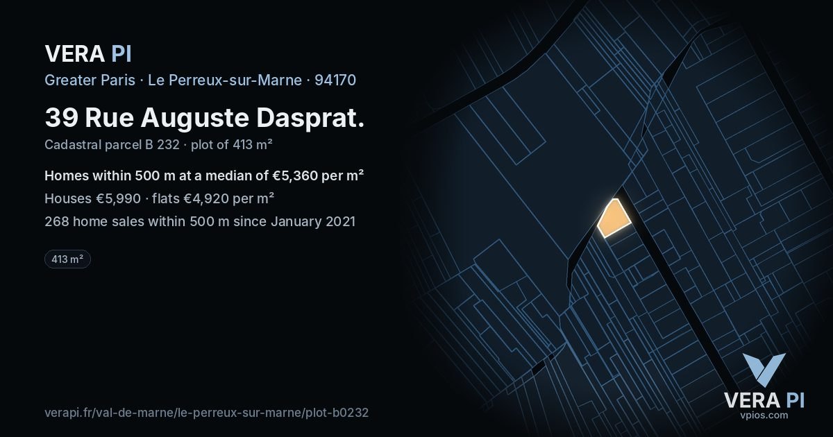 39 Rue Auguste Dasprat, Le Perreux-sur-Marne at night – the plot lit, the parcels around coloured by the prices near them