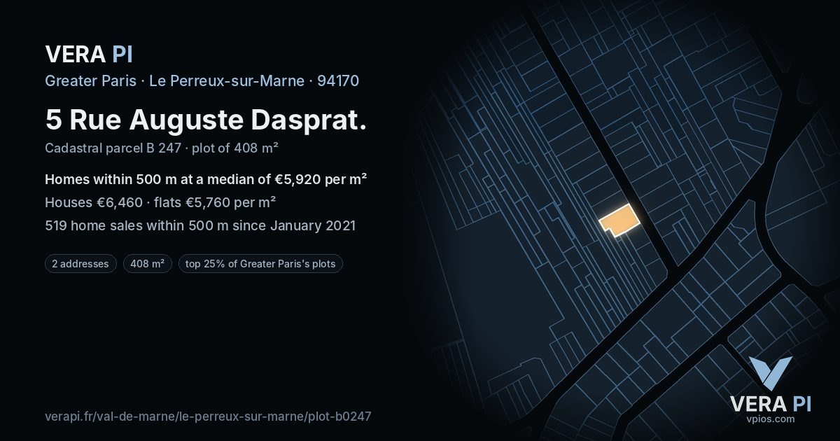 5 Rue Auguste Dasprat, Le Perreux-sur-Marne at night – the plot lit, the parcels around coloured by the prices near them