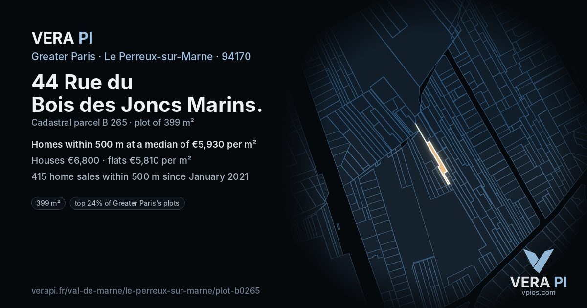44 Rue du Bois des Joncs Marins, Le Perreux-sur-Marne at night – the plot lit, the parcels around coloured by the prices near them