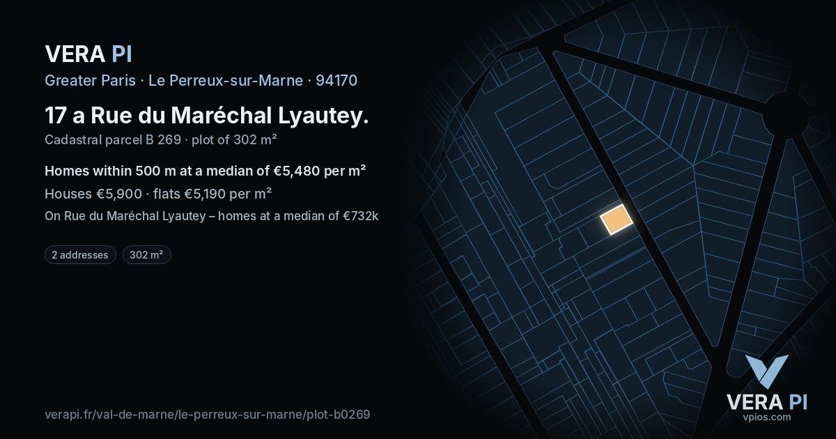 17 a Rue du Maréchal Lyautey, Le Perreux-sur-Marne at night – the plot lit, the parcels around coloured by the prices near them