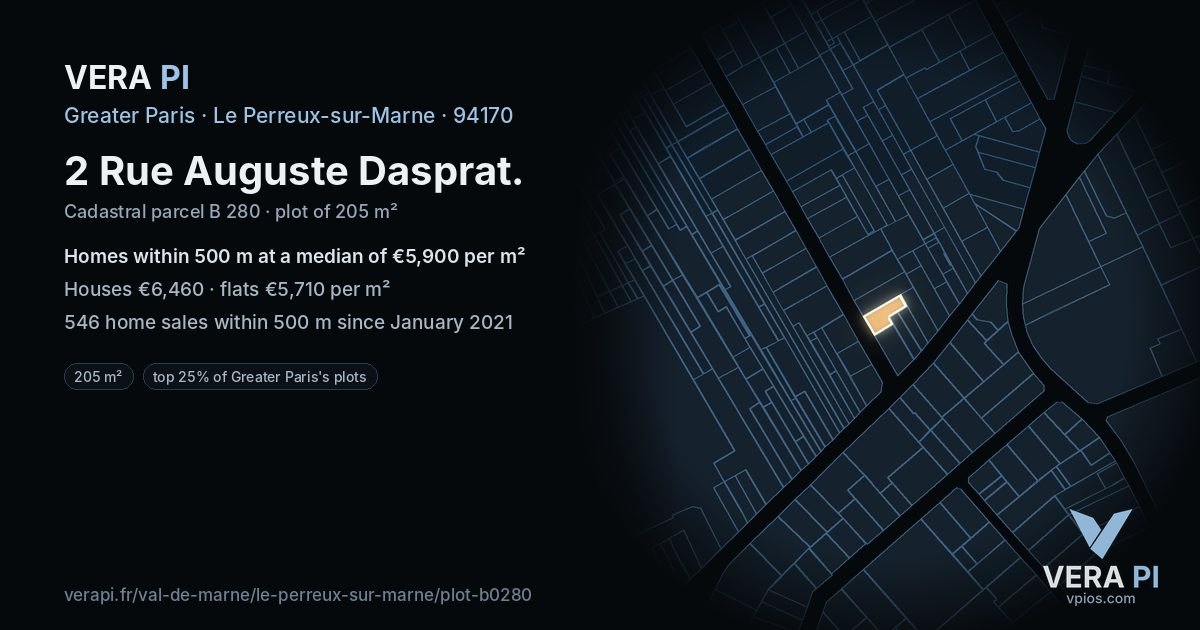 2 Rue Auguste Dasprat, Le Perreux-sur-Marne at night – the plot lit, the parcels around coloured by the prices near them