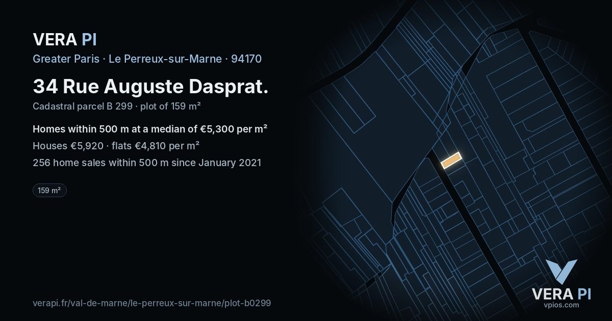 34 Rue Auguste Dasprat, Le Perreux-sur-Marne at night – the plot lit, the parcels around coloured by the prices near them