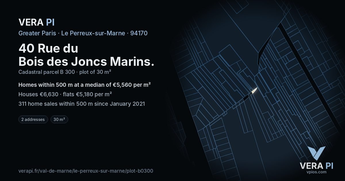 40 Rue du Bois des Joncs Marins, Le Perreux-sur-Marne at night – the plot lit, the parcels around coloured by the prices near them