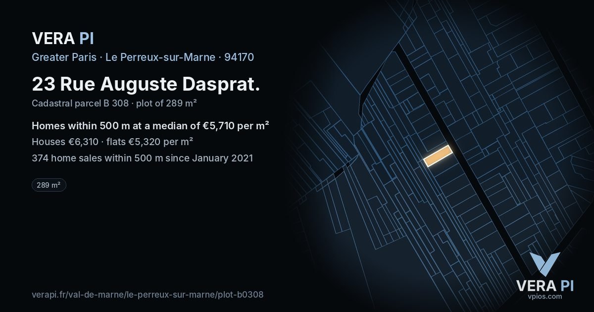 23 Rue Auguste Dasprat, Le Perreux-sur-Marne at night – the plot lit, the parcels around coloured by the prices near them